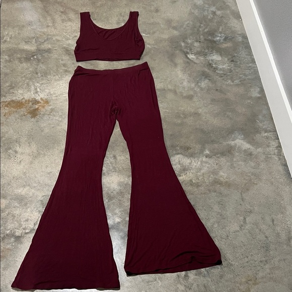 Fashion Nova Pants - Fashion Nova Women's Burgundy Flared Lounge Pants & Crop Top Set